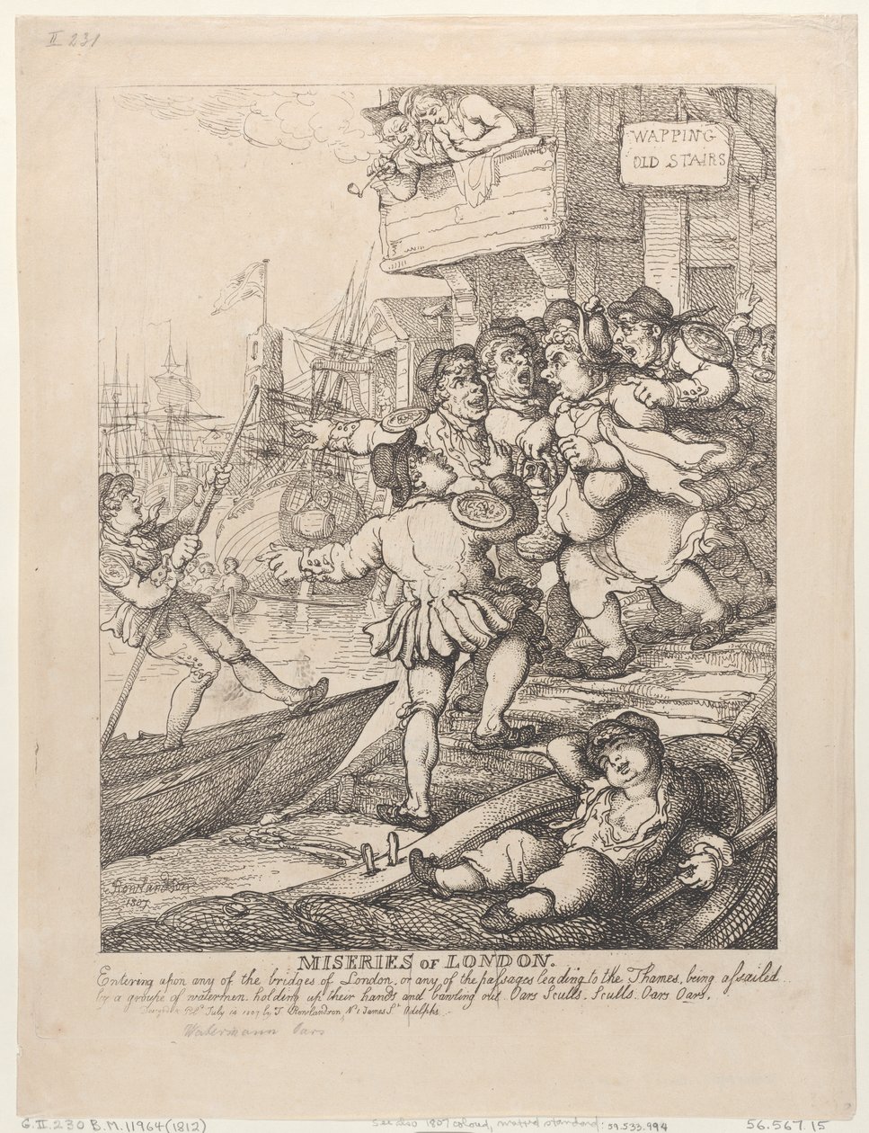 As misérias de Londres: Ao entrar em qualquer uma das pontes de Londres ou em qualquer uma das passagens que conduzem ao Tamisa, ser assaltado por um grupo de barqueiros que levantam as mãos e gritam: «Remos! Remos! Remos! Remos!» de Thomas Rowlandson
