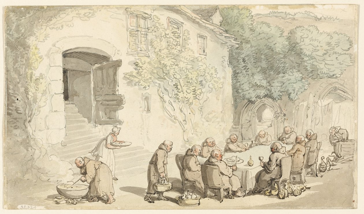 Monges a jantar no exterior (frente); Rua da Aldeia (verso) de Thomas Rowlandson