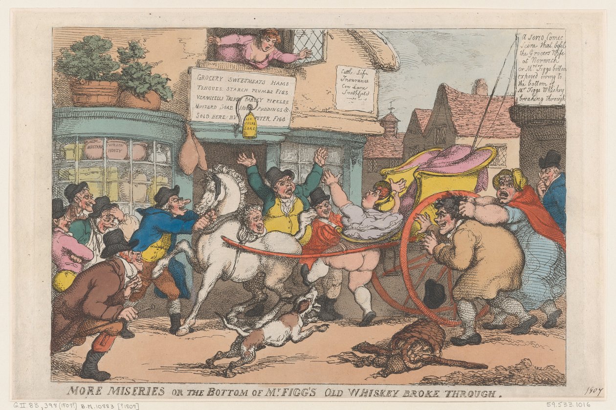 Mais misérias: o fundo do velho uísque do Sr. Figg quebrou, 1807., 1807. de Thomas Rowlandson