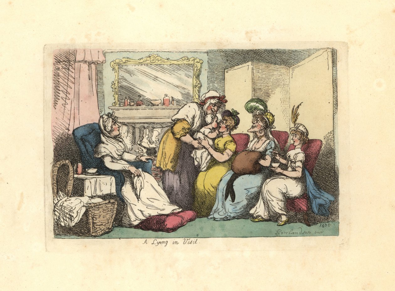 Mãe com bebé recém-nascido visitada por várias mulheres num salão. de Thomas Rowlandson