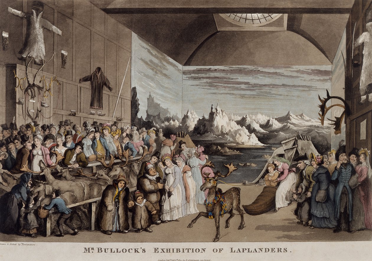 Exposição do Sr. Bullock de Lapónia no Salão Egípcio, Piccadilly, 1822 (aquatint) de Thomas Rowlandson
