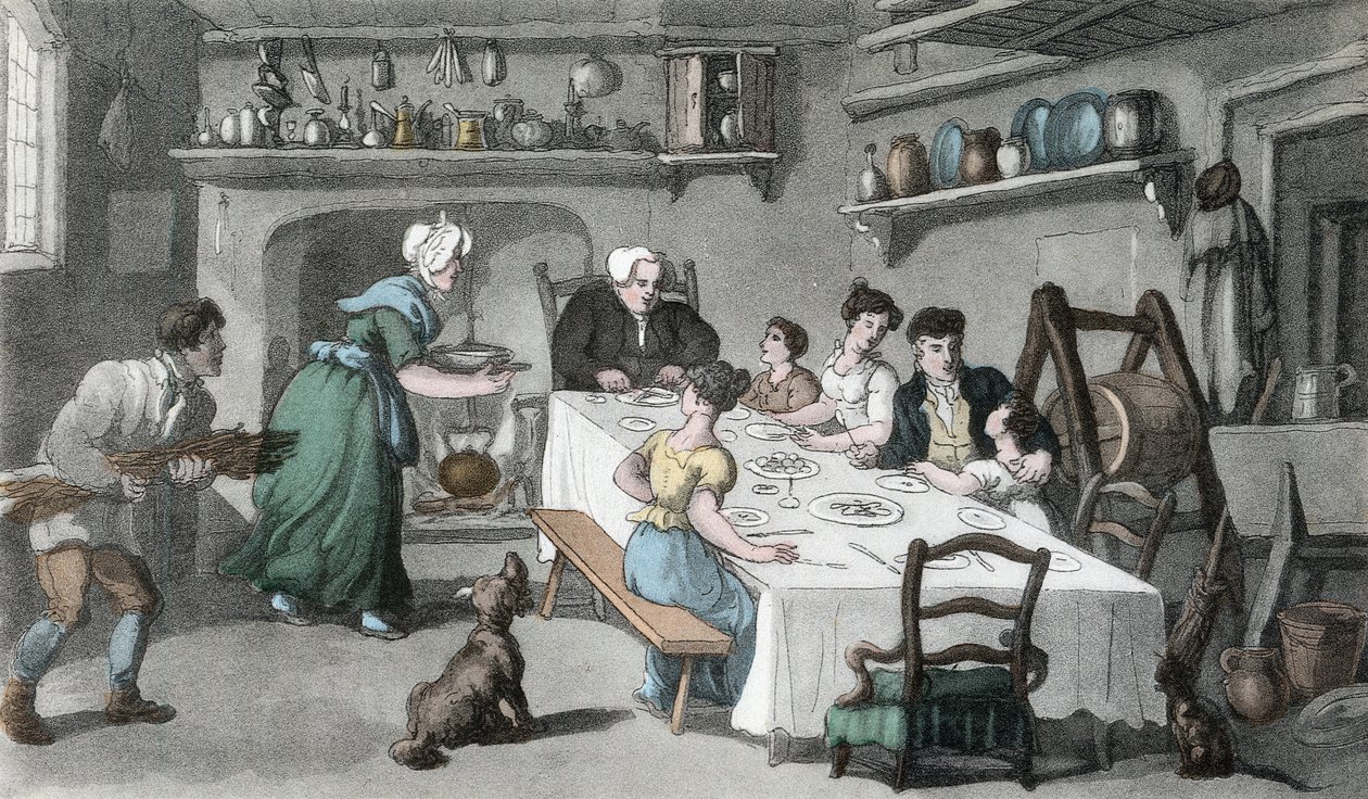 Primeira Visita do Sr. Burchell, ilustração do "The Vicar of Wakefield" de Oliver Goldsmith, pub. Ackermann, 1817 (aquatinta colorida à mão) de Thomas Rowlandson
