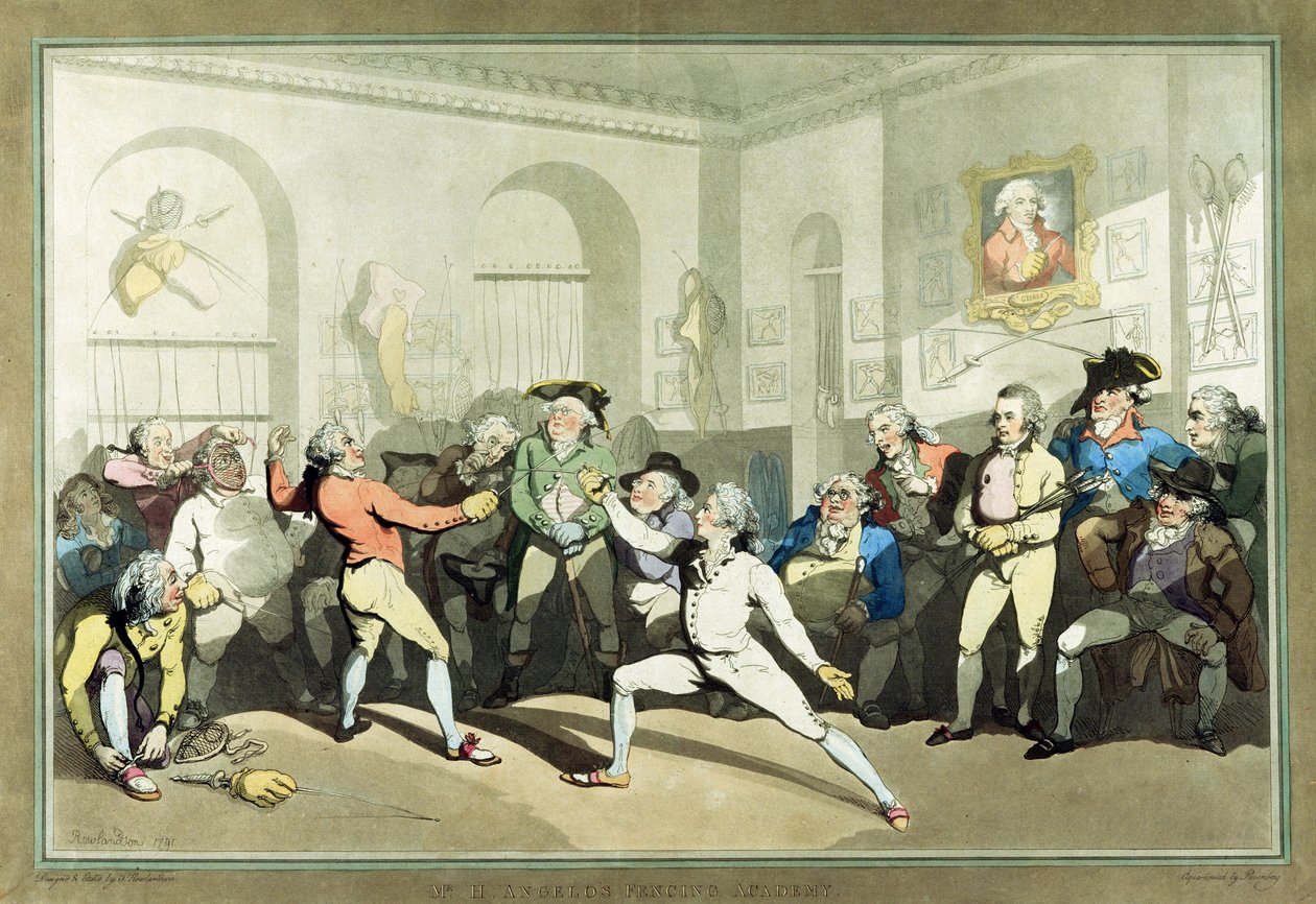 Academia de Esgrima do Sr. H Angelo, gravada por Charles Rosenberg, 1791 (aquatinta colorida à mão) de Thomas Rowlandson