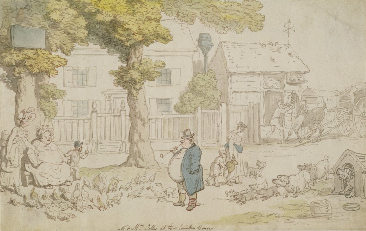 Sr. e Sra. Jolly em sua casa de campo (aquarela, caneta e tinta e lápis no papel) de Thomas Rowlandson