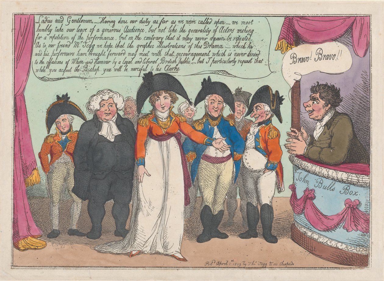 Adeus da Sra. Clarke para sua audiência. Tailpiece, 1 de abril de 1809., 1 de abril de 1809. de Thomas Rowlandson
