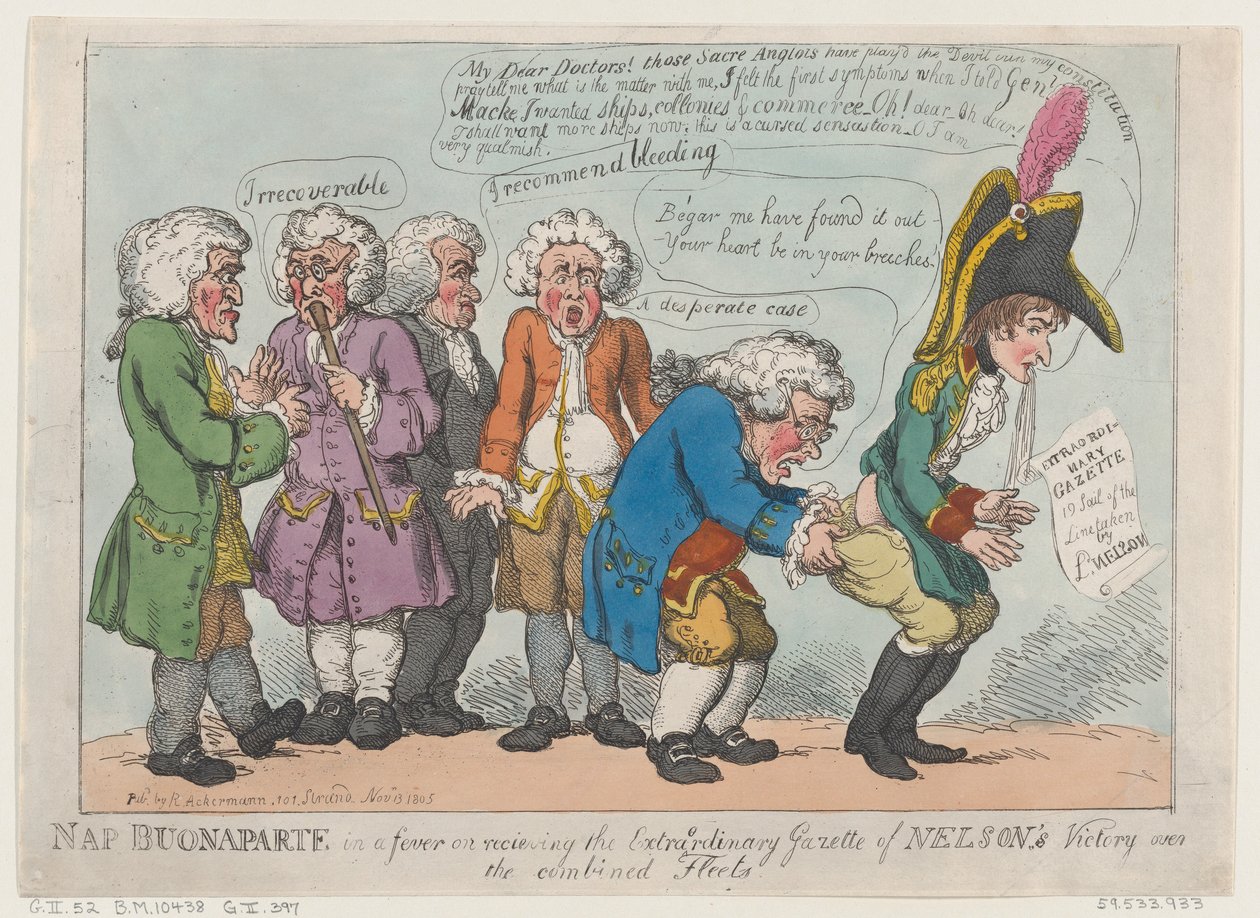 Sesta Buonaparte em uma Febre ao Receber o Diário Extraordinário de Nelson ..., 13 de novembro de 1805. de Thomas Rowlandson
