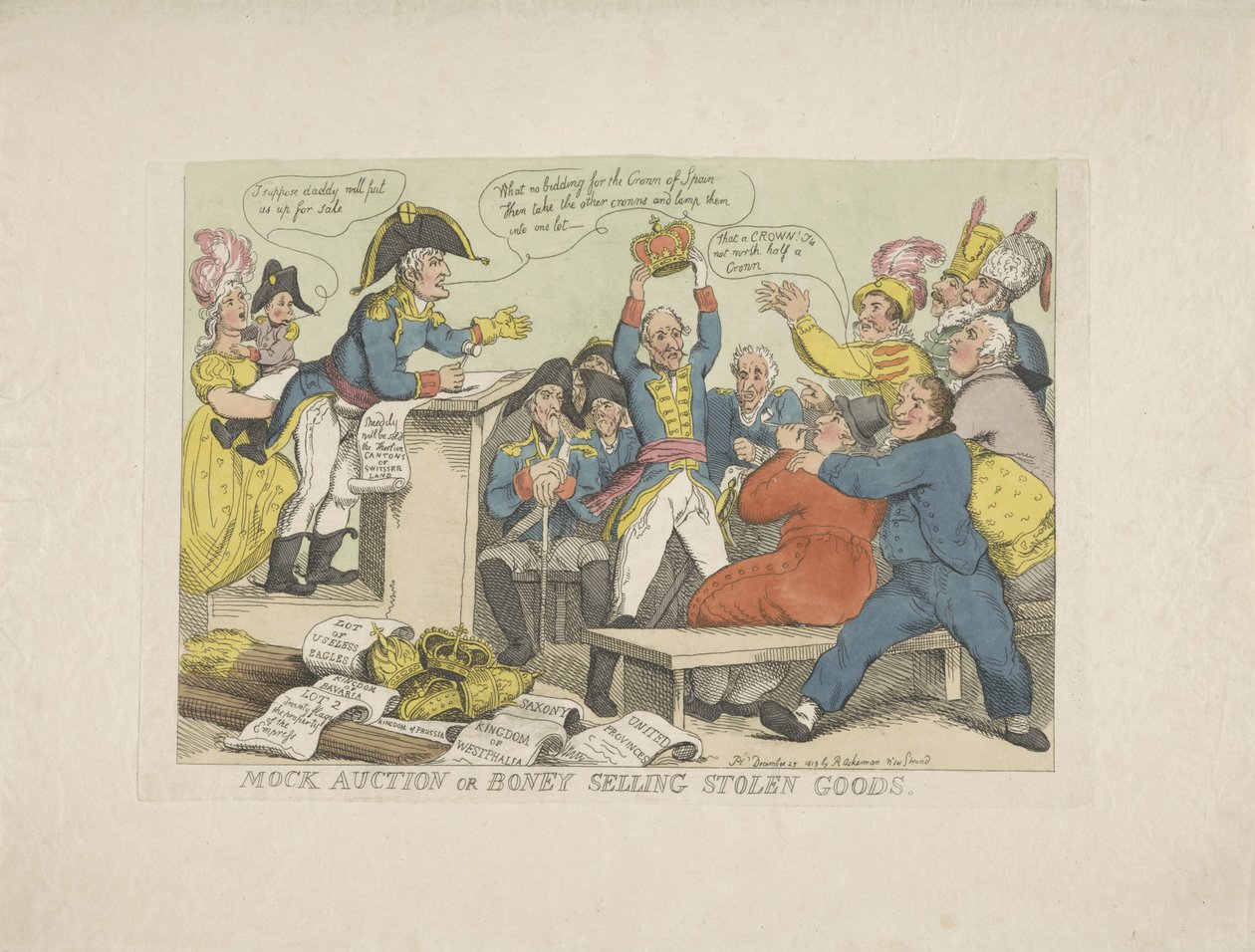 Napoleão vendendo mercadorias roubadas, 1813
Leilão falso ou Boney vendendo bens roubados (título sobre o objecto) de Thomas Rowlandson