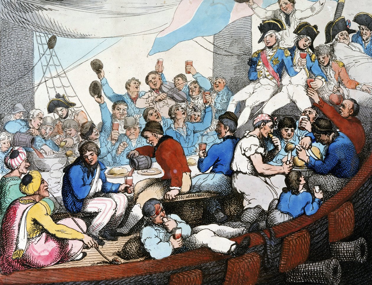 Guerras Napoleónicas, Campanha (Expedição) do Egipto (1798-1801): O Almirante Horatio Nelson (1758-1805) celebra com as suas tropas a sua gloriosa vitória na Batalha do Nilo (Batalha de Aboukir) (agosto de 1798), a bordo do seu barco de Thomas Rowlandson