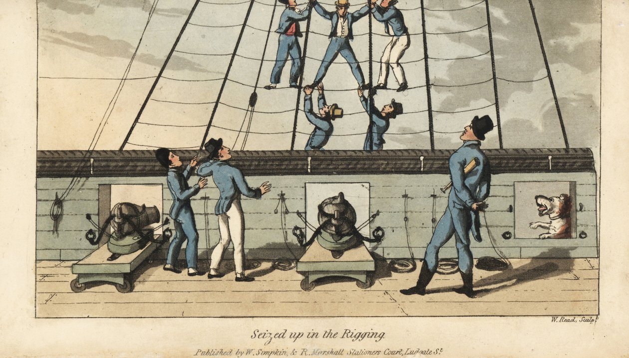 Rito de passagem da Marinha: Johnny é apreendido e farejado no cordame pelos seus companheiros marinheiros. Gravura em chapa de cobre colorida à mão por W. Leia depois de uma ilustração de Thomas Rowlandson, de Alfred Burton