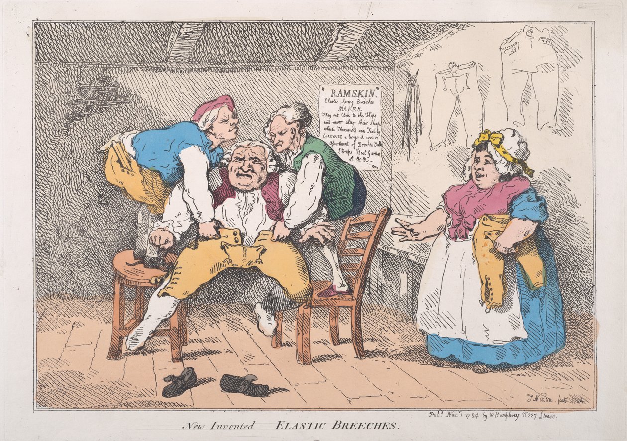 Novas calças elásticas inventadas, 1º de novembro de 1784., 1º de novembro de 1784. de Thomas Rowlandson