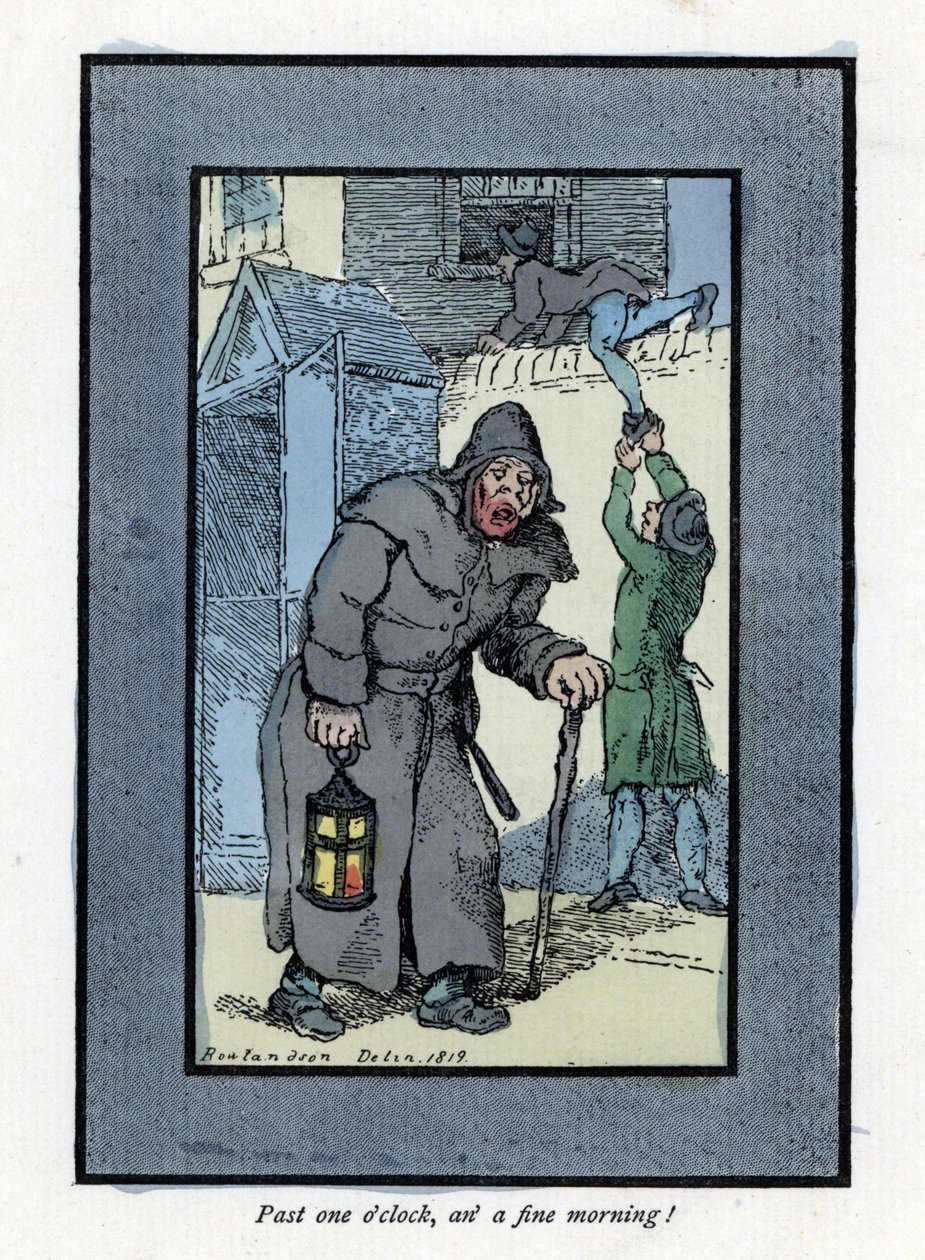 Vigia noturno com a sua lanterna e pau, desatento a dois assaltantes que entram numa casa atrás dele (1819). Gravura em madeira, baseada num quadro de Thomas Rowlandson (1756-1827), publicado em The Cris of London: com seis crianças encantadoras e quase 40 de Thomas Rowlandson