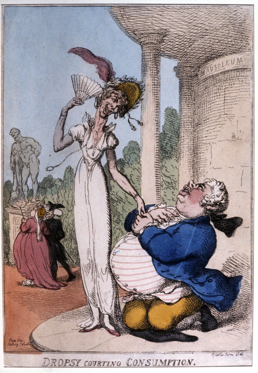 Homem obeso a cortejar um doente com tuberculose: dropsy e consumo, início do século XIX (caricatura) de Thomas Rowlandson