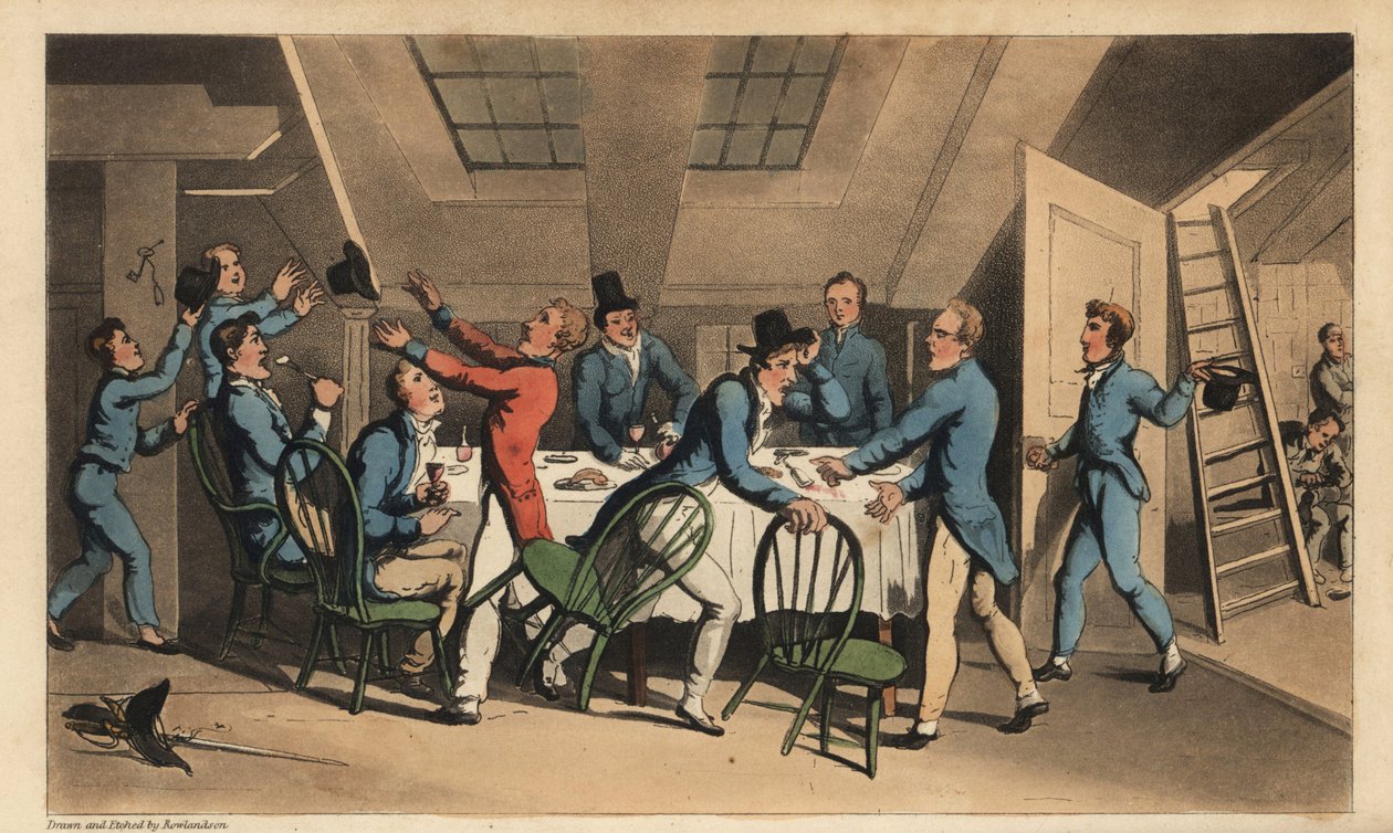 Oficiais e Meia-naveiros a celebrar a notícia de que o Capitão deixou o navio. Gravura em chapa de cobre colorida à mão por W. Leia depois de uma ilustração de Thomas Rowlandson de Alfred Burton