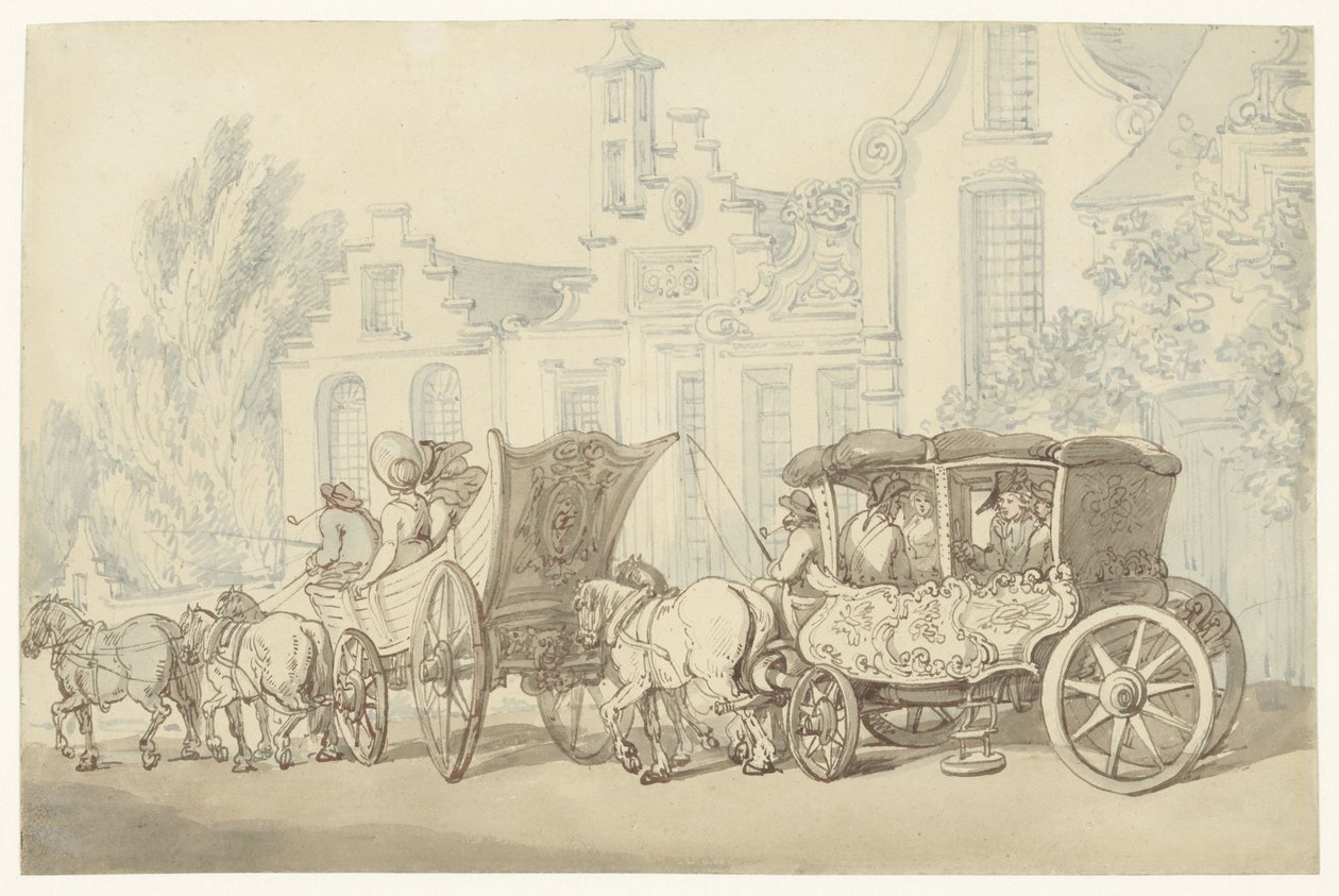 Carro de turismo aberto e carruagem numa rua quase Holandesa de Thomas Rowlandson