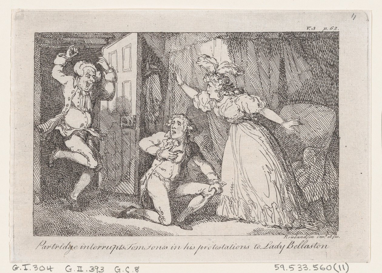 Partridge interrompe Tom Jones em seus protestos a Lady Bellaston, de The History of..., 1792. de Thomas Rowlandson