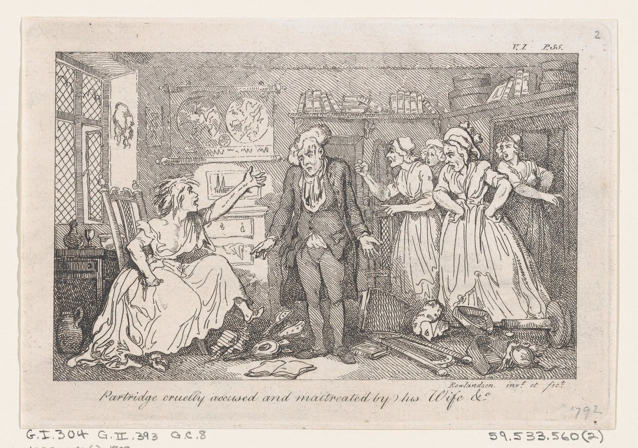 Partridge cruelmente acusado e maltratado por sua esposa, de The History of Tom Jones, a Fo..., 1792. de Thomas Rowlandson