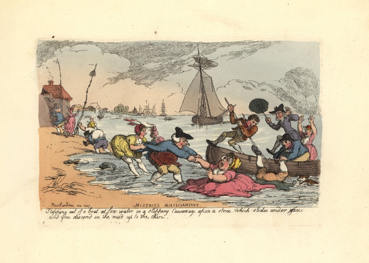 Passageiros a escorregar e a cair na lama do rio. de Thomas Rowlandson
