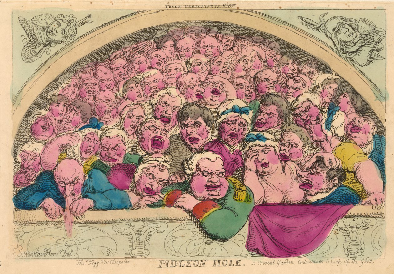 Pidgeon Hole, um artifício do Convent Garden para cooptar os Deuses, 1811 (gravura colorida à mão) de Thomas Rowlandson
