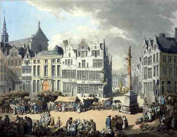 Place de Mier em Antuérpia, gravada por Wright e Schutz, pub. por Rudolph Ackermann de Thomas Rowlandson