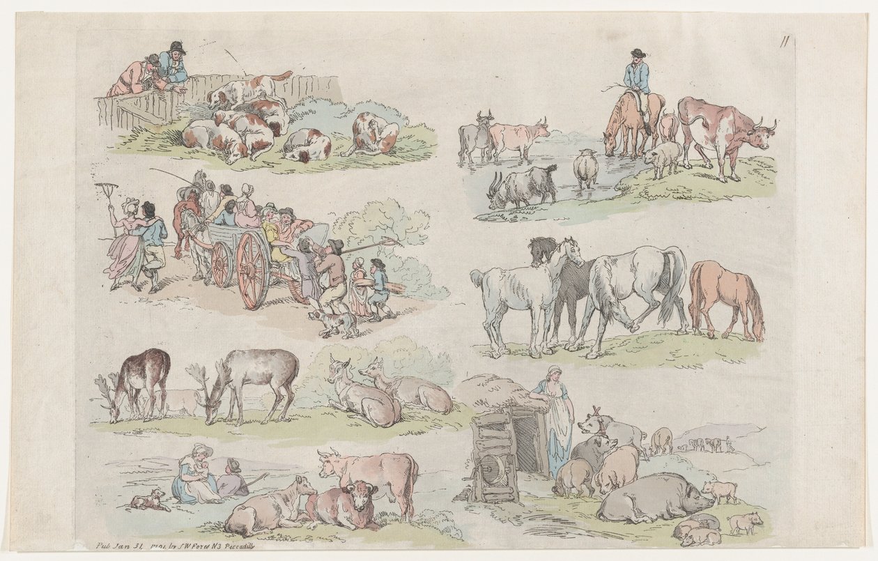 Placa 11, Esboços de Figuras, Paisagens e Gado... para o Uso dos Aprendizes..., 31 de janeiro de 1791. de Thomas Rowlandson