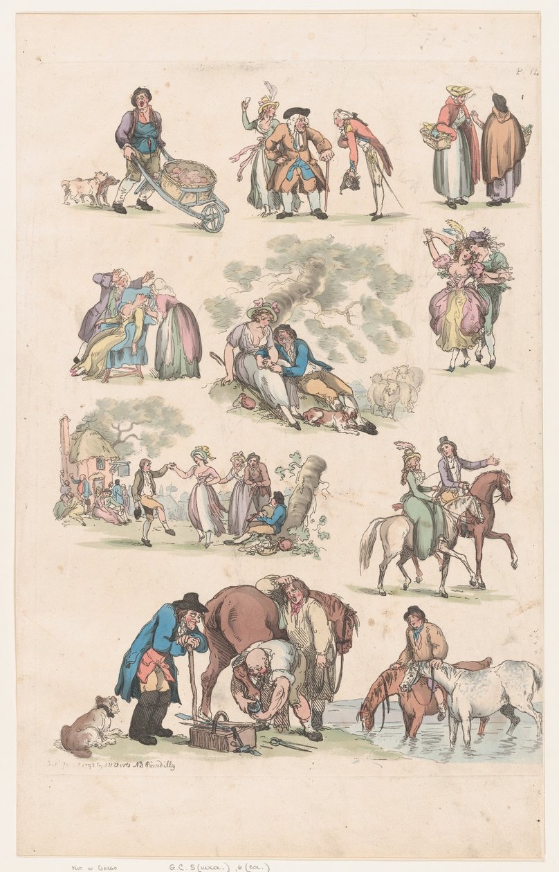 Placa 14, Esboços de Figuras, Paisagens e Gado... para o Uso dos Aprendizes, Ju..., 1º de junho de 1790. de Thomas Rowlandson