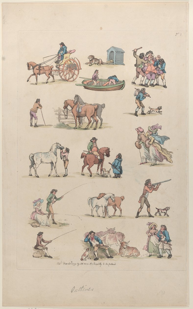Placa 1, Esboços de Figuras, Paisagens e Gado... para o Uso de Aprendizes, Ma..., 8 de março de 1790. de Thomas Rowlandson