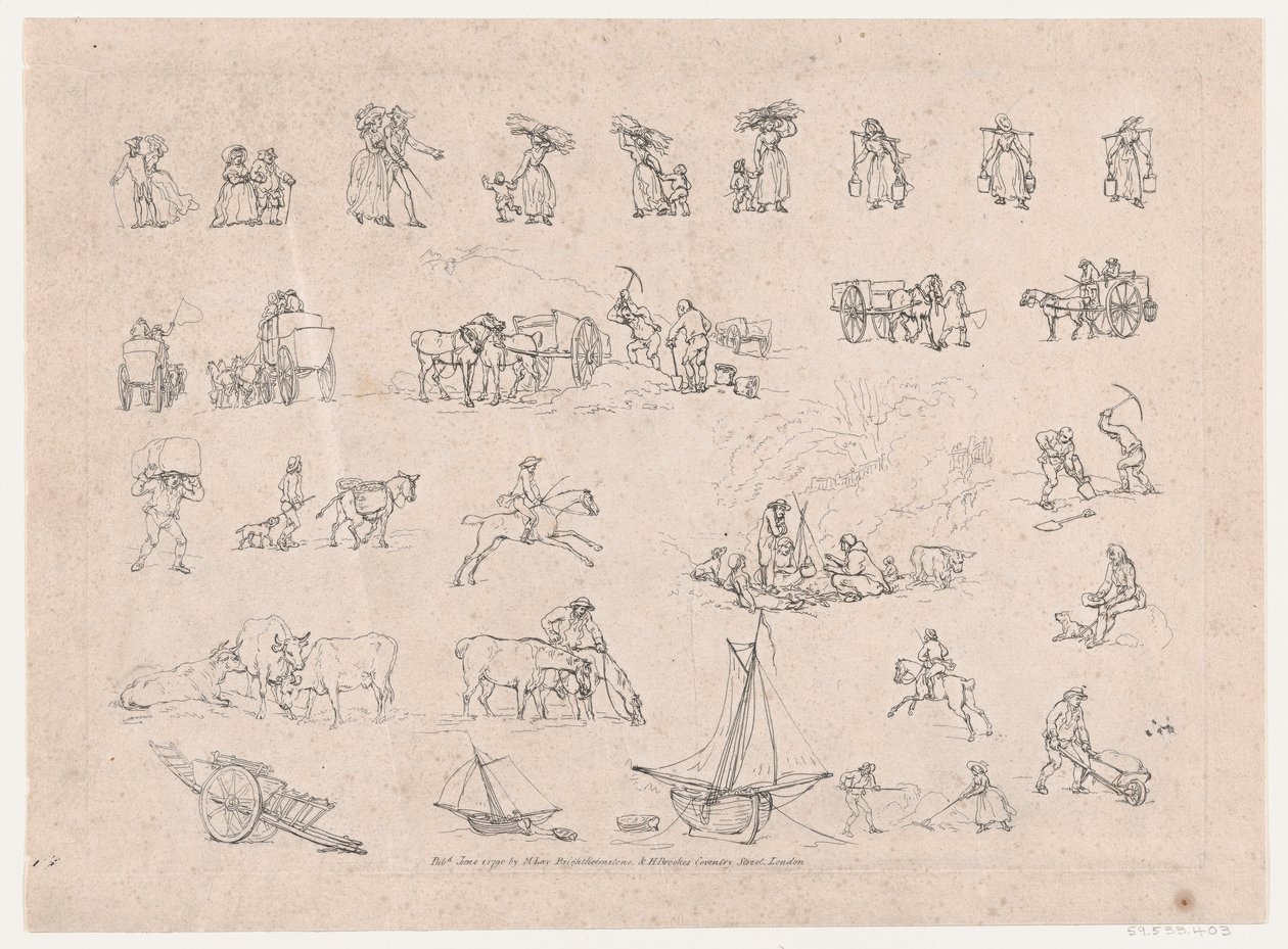 Placa 2, Esboços de Figuras, Paisagens e Gado... para o Uso de Aprendizes, junho..., 1º de junho de 1790. de Thomas Rowlandson