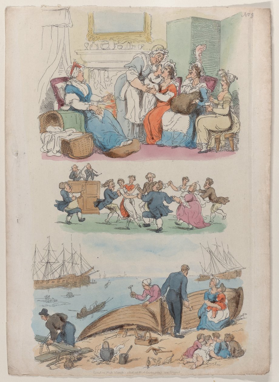Placa 4: Uma visita deitada, uma dança redonda, de World in Miniature, 1816., 1816. de Thomas Rowlandson