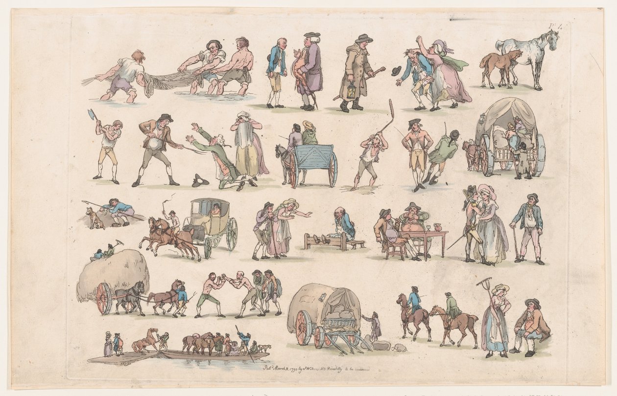 Placa 4, Esboços de Figuras, Paisagens e Gado... para o Uso de Aprendizes, Ma..., 8 de março de 1790. de Thomas Rowlandson