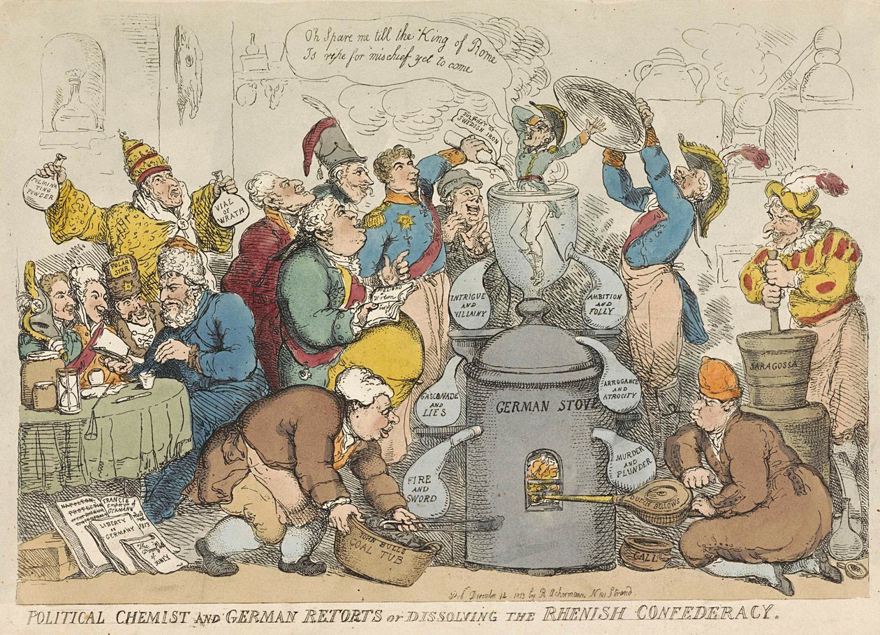 Químico político e alemão responde ou dissolve a confederação renana, pub. 1813 (gravura colorida à mão) de Thomas Rowlandson