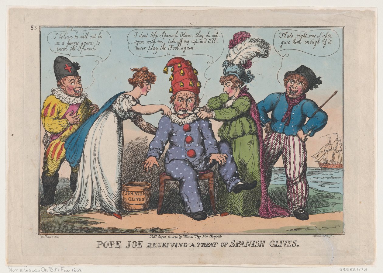 Papa Joe Recebendo um Tratado de Azeitonas Espanholas, 23 de agosto de 1808., 23 de agosto de 1808. de Thomas Rowlandson