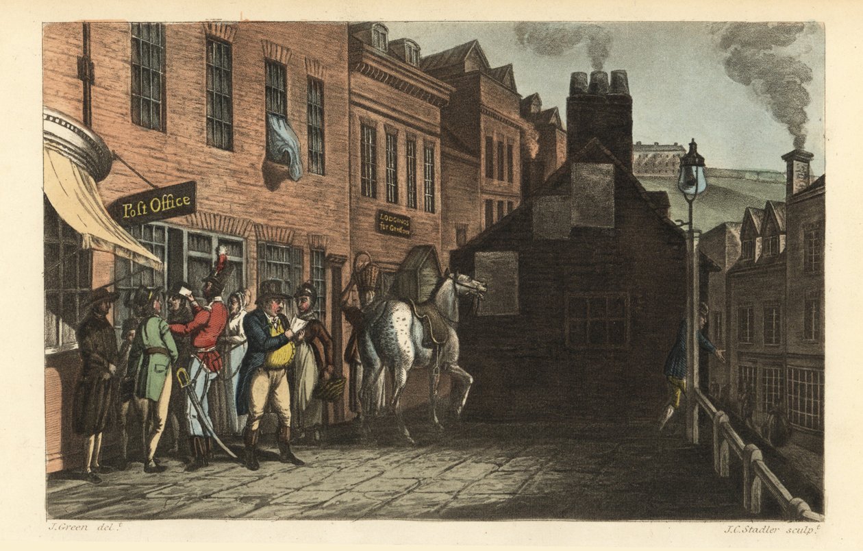 Correios: Turistas que recolhem correio nos correios de Scarborough de Thomas Rowlandson