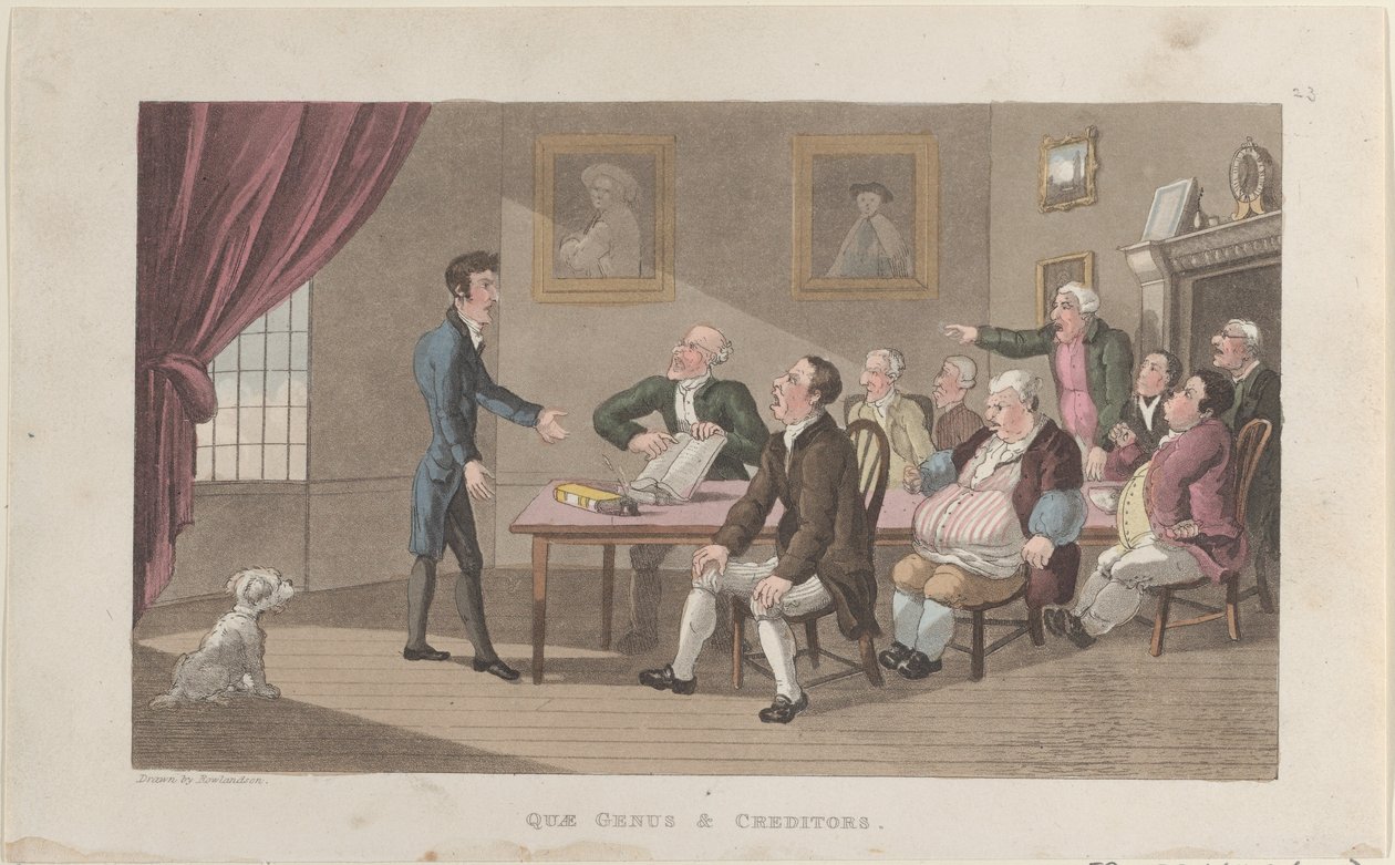 Quae Genus & Creditors, de The History of Johnny Quae Genus, The Little Fou..., 1 de dezembro de 1821. de Thomas Rowlandson