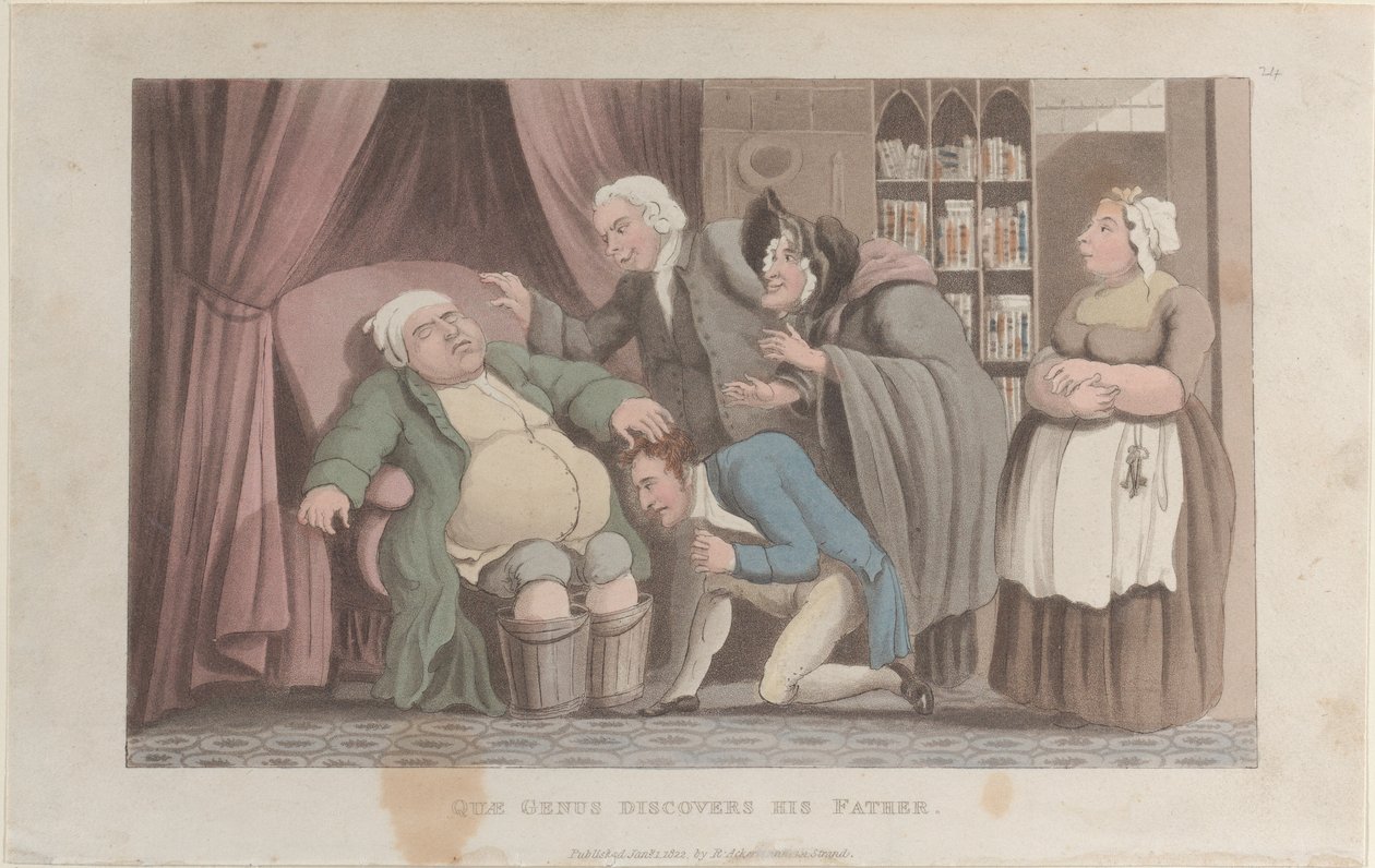 Quae Genus descobre seu pai, de The History of Johnny Quae Genus, The Li..., 1 de janeiro de 1822. de Thomas Rowlandson