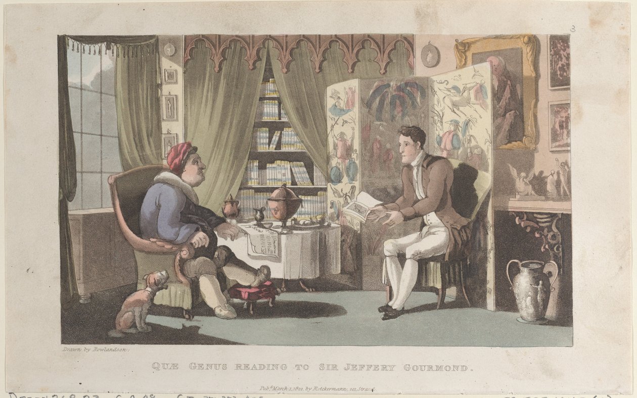 Quae Genus Leitura para Sir Jeffery Gourmand, de The History of Johnny Quae Genu..., 1 de março de 1822. de Thomas Rowlandson