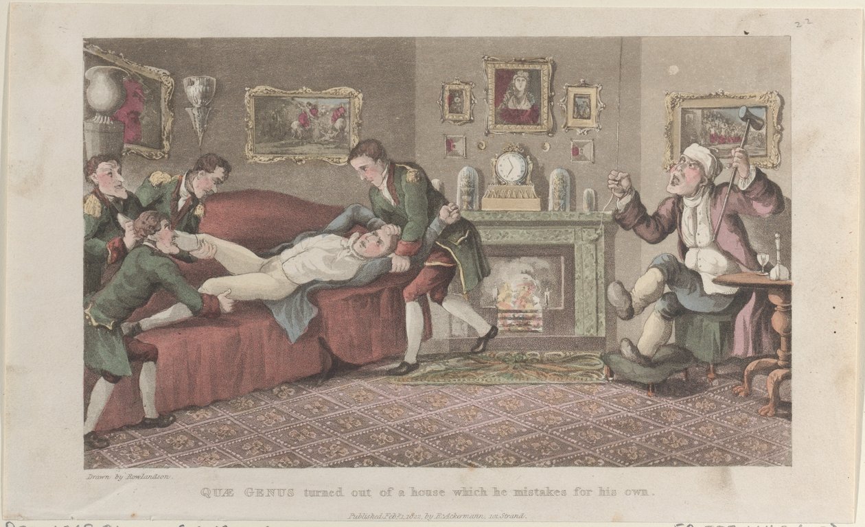 Quae Genus saiu de uma casa que ele confunde com a sua, de The Hist..., 1º de fevereiro de 1822. de Thomas Rowlandson