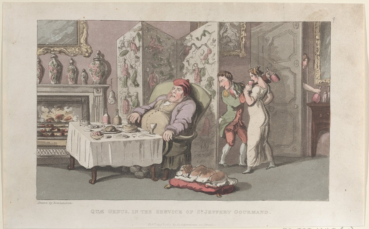 Quae Genus, a serviço do Sr. Jeffery Gourmand, de The History of Johnny ..., 1º de agosto de 1821. de Thomas Rowlandson