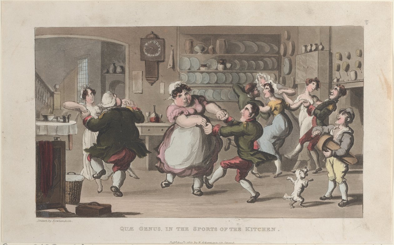 Quae Genus, nos esportes da cozinha, de The History of Johnny Quae Genus..., 1 de agosto de 1821. de Thomas Rowlandson