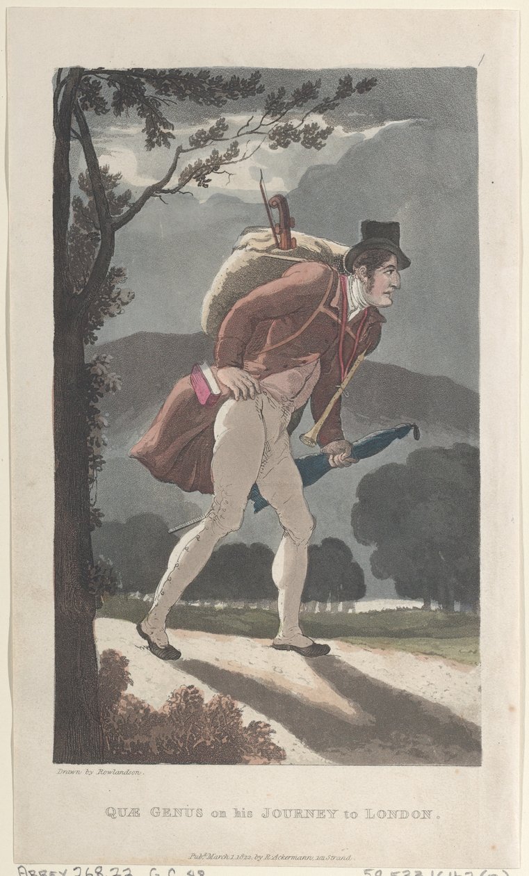 Quae Genus em sua viagem a Londres, de The History of Johnny Quae Genus, The ..., 1 de março de 1822. de Thomas Rowlandson