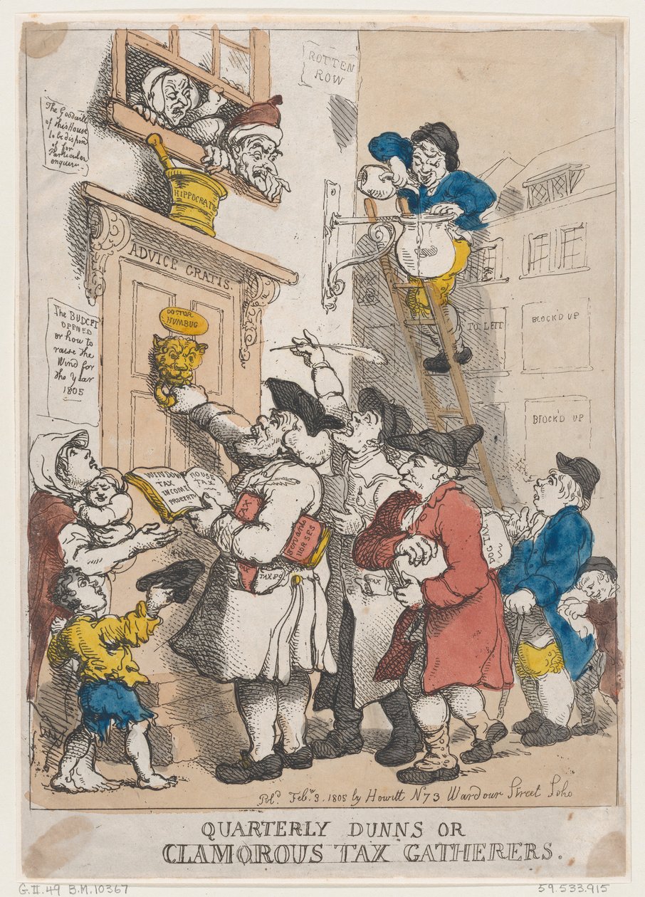 Quarterly Dunns, ou Clamorous Tax Gatherers, 3 de fevereiro de 1805., 3 de fevereiro de 1805. de Thomas Rowlandson