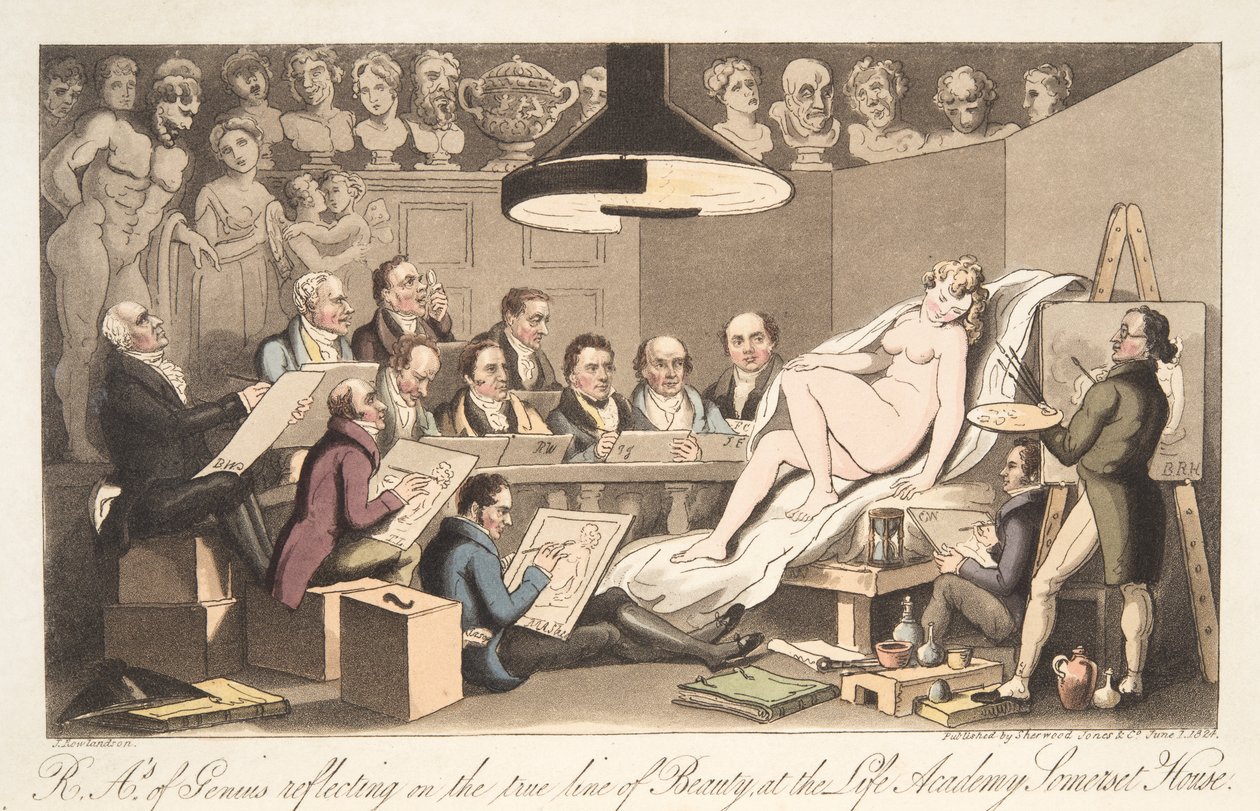 R - A - ys do Genius refletindo sobre a verdadeira linha da Beauty at the Life Academy, Somerset House, do The English Spy, pub. 1824 (gravura colorida à mão) de Thomas Rowlandson