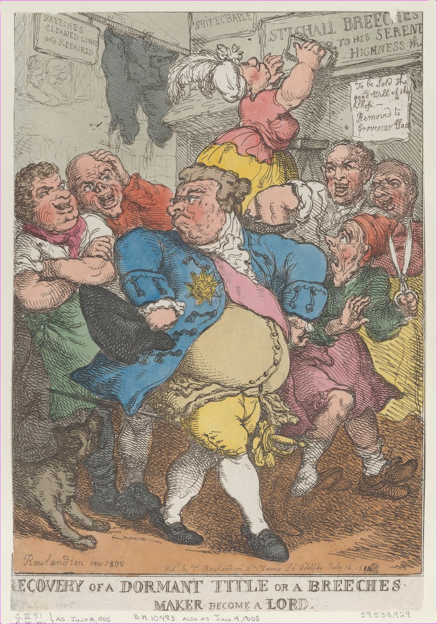 Recovery from a Dormant Title or a Breeches Maker Becom..., [14 de julho de 1805], reeditado em 14 de julho de 1812. de Thomas Rowlandson