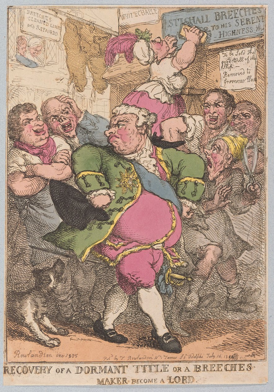 Recuperação de um título dormente ou um fabricante de calções tornar-se um senhor, pub. 1805 (gravura colorida à mão) de Thomas Rowlandson