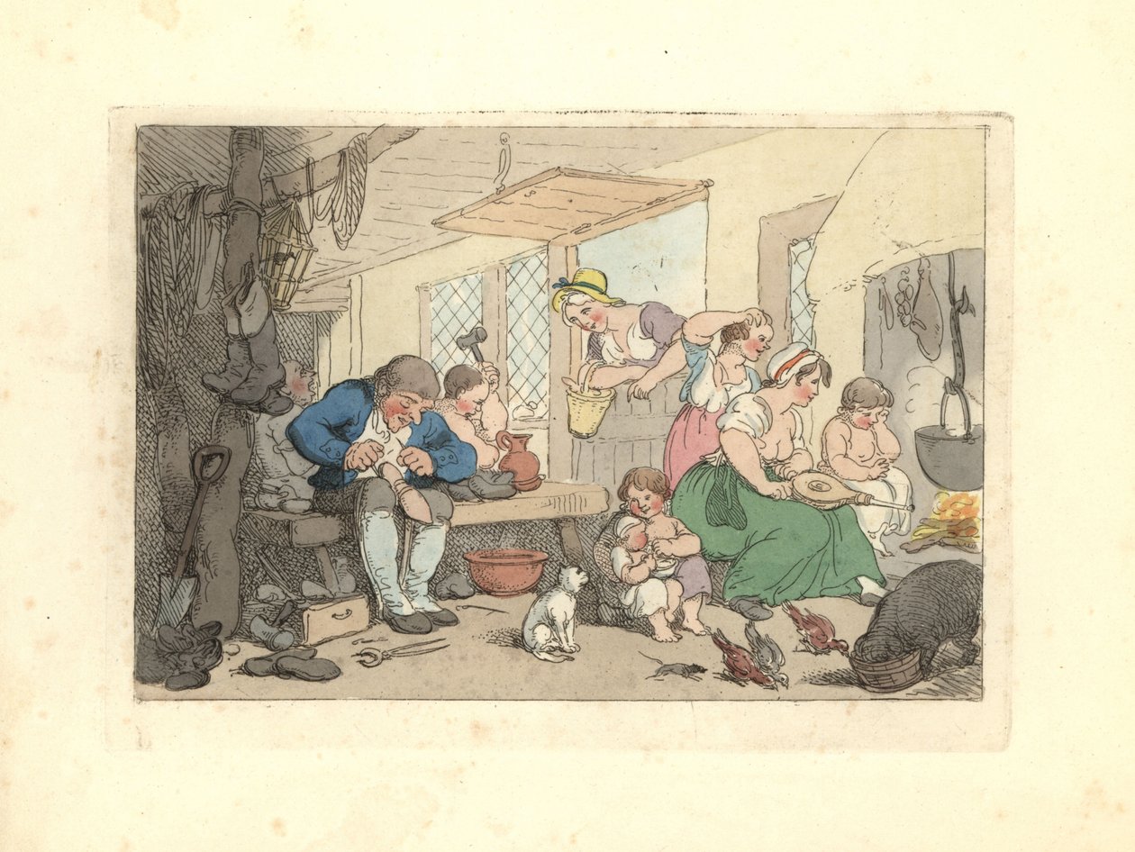 Regency cobbler a remendar sapatos numa sala cheia de gente. de Thomas Rowlandson