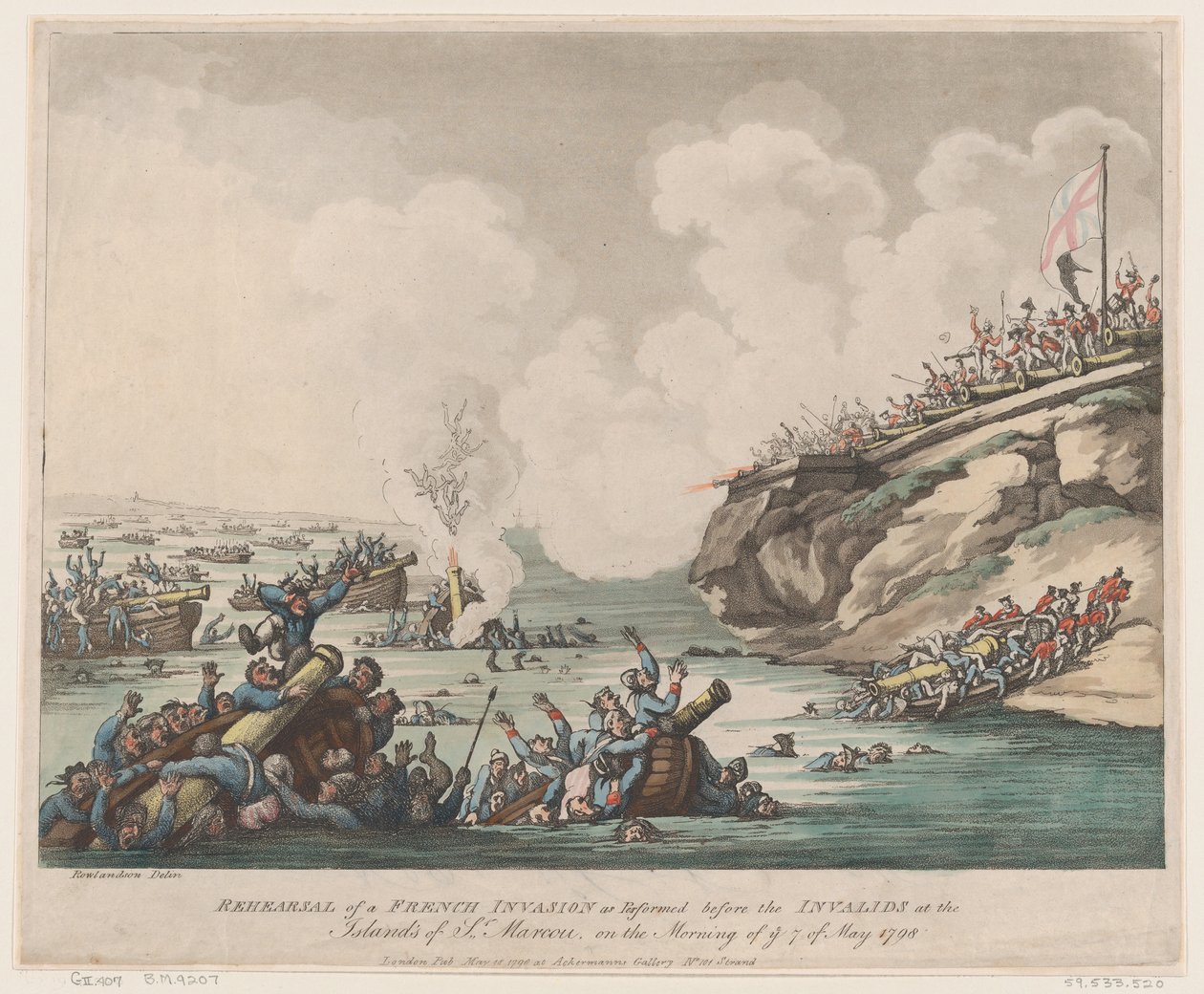 Ensaio de uma invasão francesa como realizada antes dos inválidos nas ilhas de ..., 18 de maio de 1798. de Thomas Rowlandson