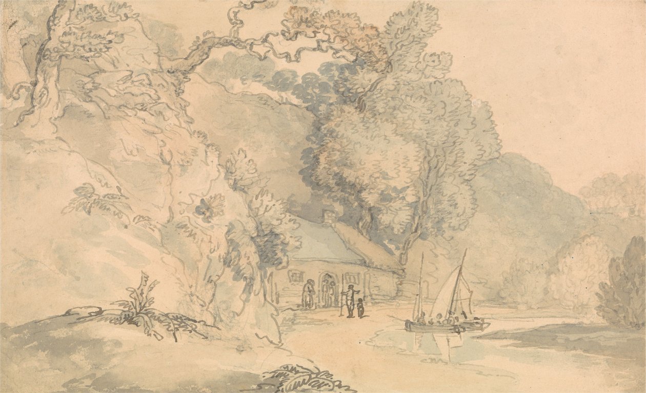 Cena ribeirinha com pequenos barcos de Thomas Rowlandson