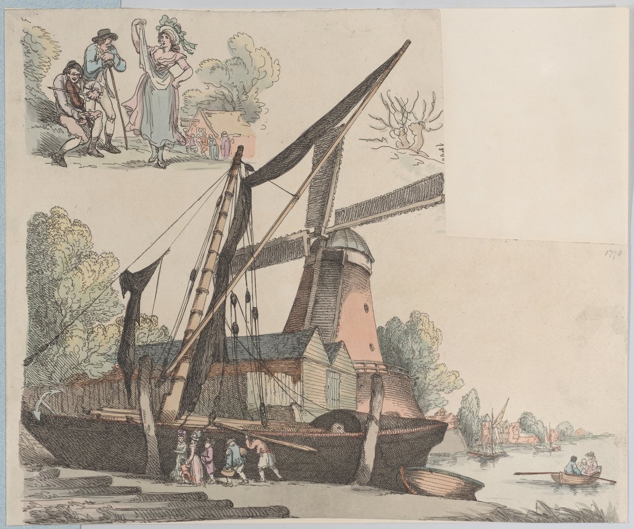 Cena do Rio com Moinho de Vento da Placa 9, Contornos de Figuras, Paisagens e C..., 20 de janeiro de 1791. de Thomas Rowlandson