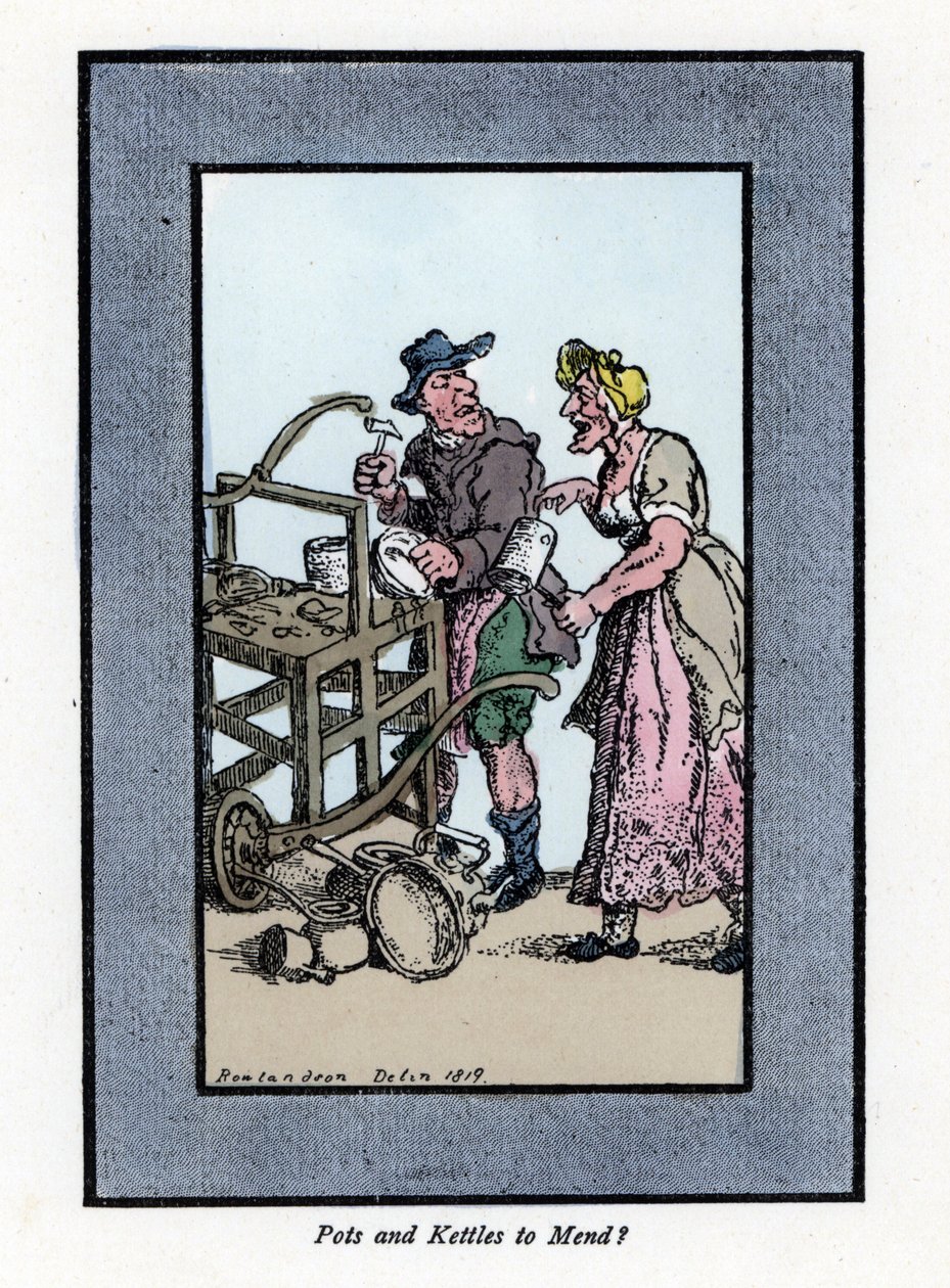 Roaming e retamer de clientes mostrando o fundo de um pote. Ele bate num pote de metal com um martelo num banco portátil. Gravura em madeira, baseada numa pintura de Thomas Rowlandson (1756-1827), publicada em The Cris of London: com seis crianças encantad de Thomas Rowlandson