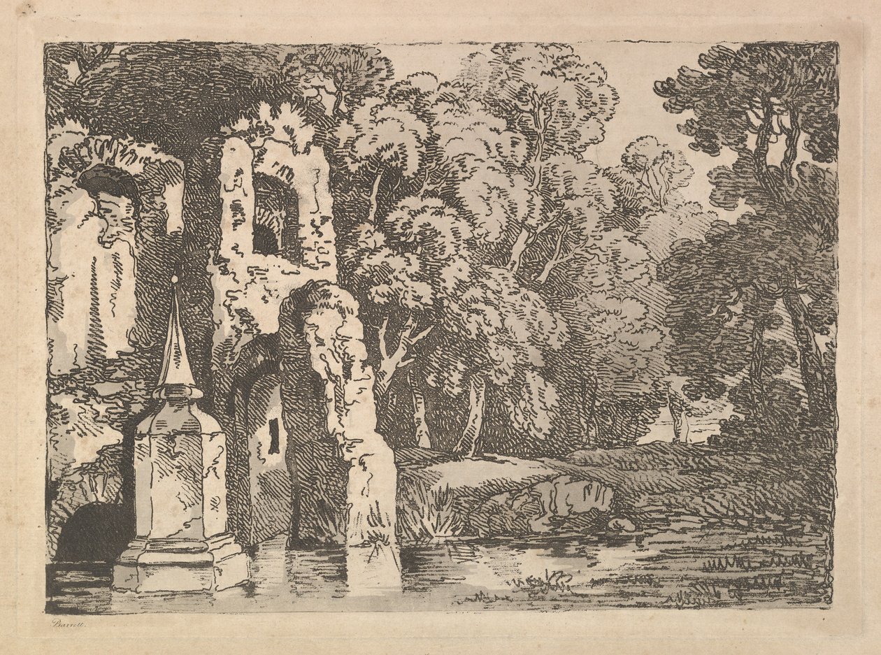 Ruínas ao lado de uma piscina em uma paisagem arborizada, 1783-84. de Thomas Rowlandson