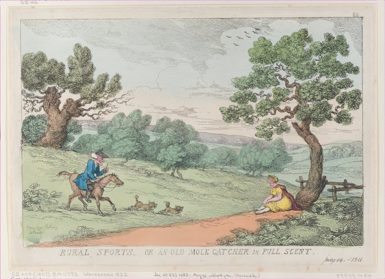 Esportes Rurais, ou um Old Mole Catcher in Full Scent, [1811], reimpressão., [1811], reimpressão. de Thomas Rowlandson